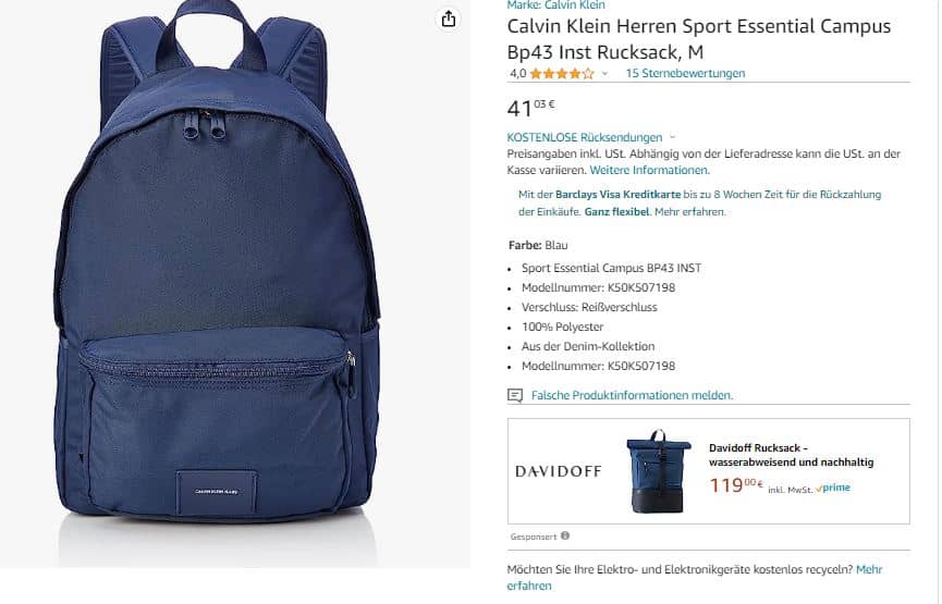 Calvin Klein Herren Sport Essential Campus Bp Inst Rucksack Screenshot