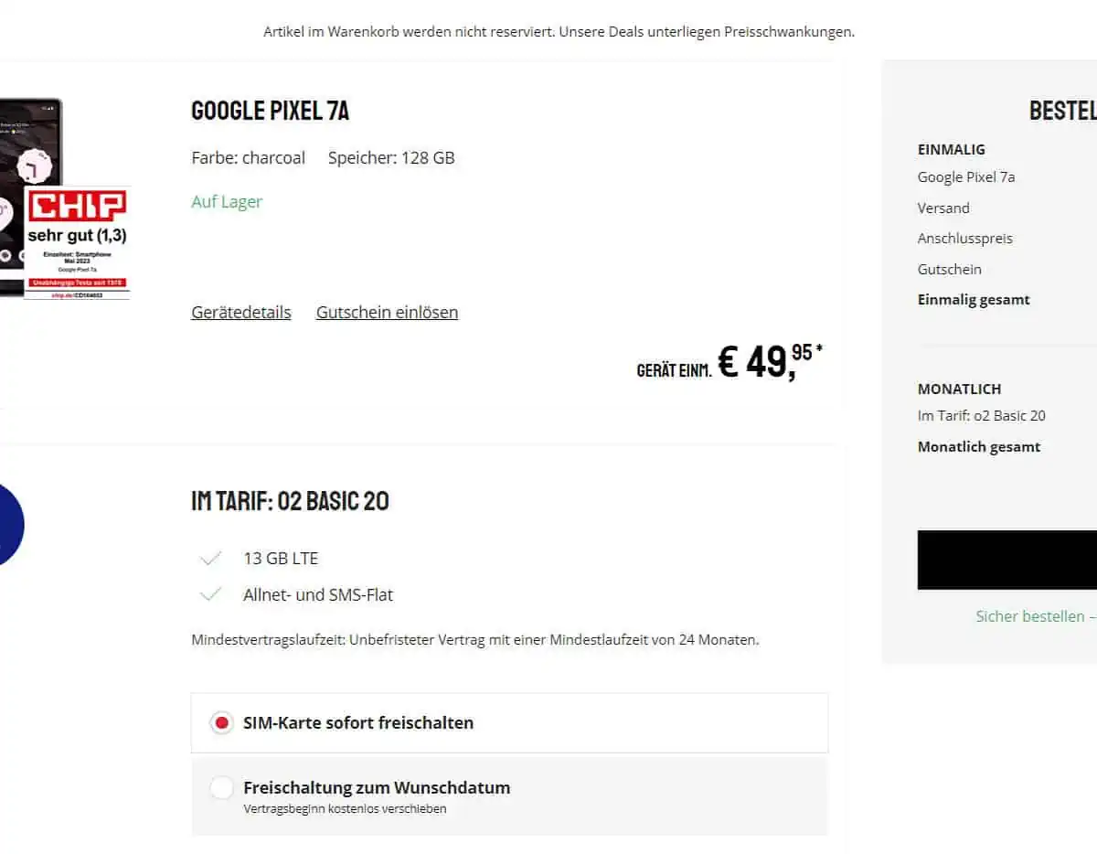 [Exklusiv] Sparhandy: Google Pixel 7a + o2 Basic 20 mit 13 GB LTE für 19,99 € / Monat + 79,94 € einmalig
