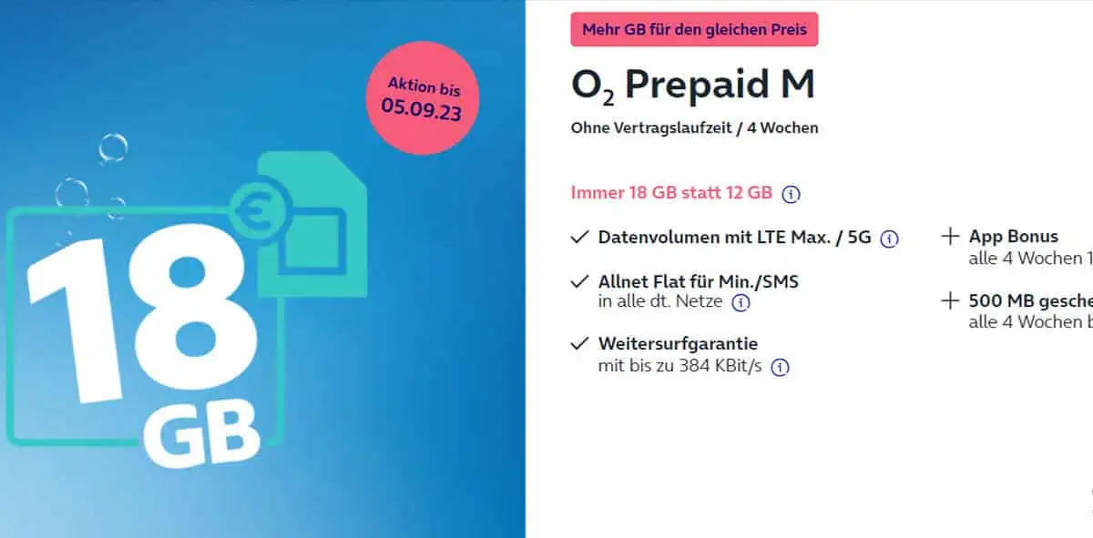 o2 Prepaid M mit 18 GB Datenvolumen für 14,99 € in den ersten 4 Wochen (danach 17,99 €)