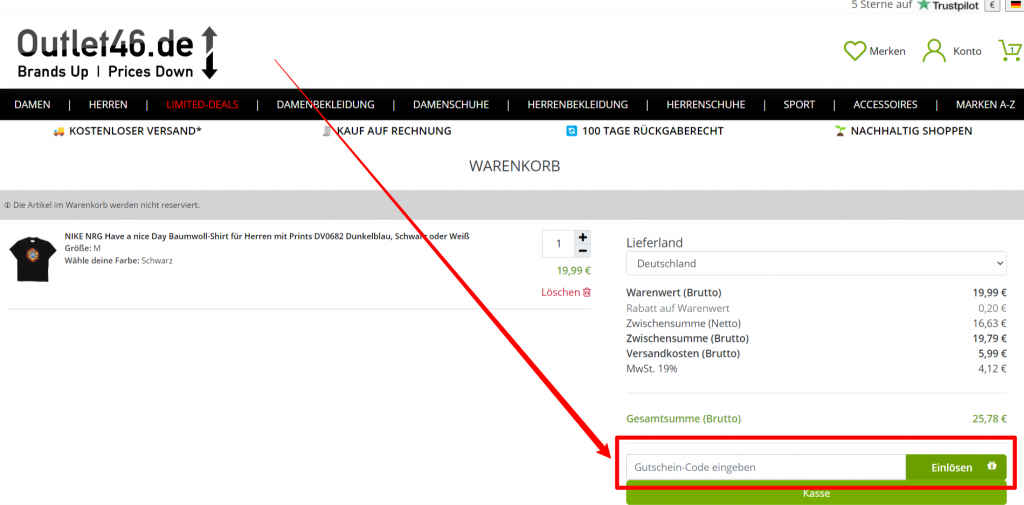 Outlet Rabattcode einlösen