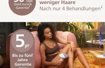 Frau nutzt Philips Lumea IPL Gerät am Bein, Text zu 90 Tagen Geld-zurück und 5 Jahren Garantie