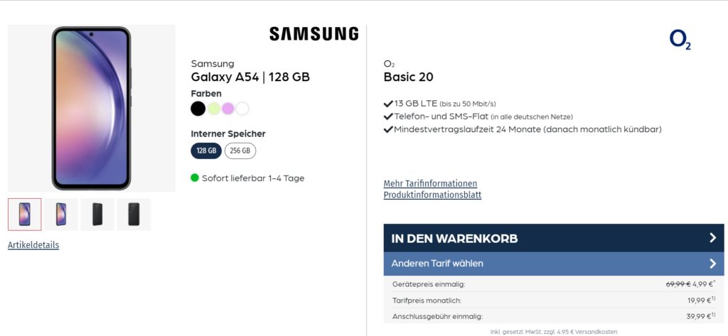 Samsung Galaxy A54 + O2 Basic 20 Mit 13 Gb Lte