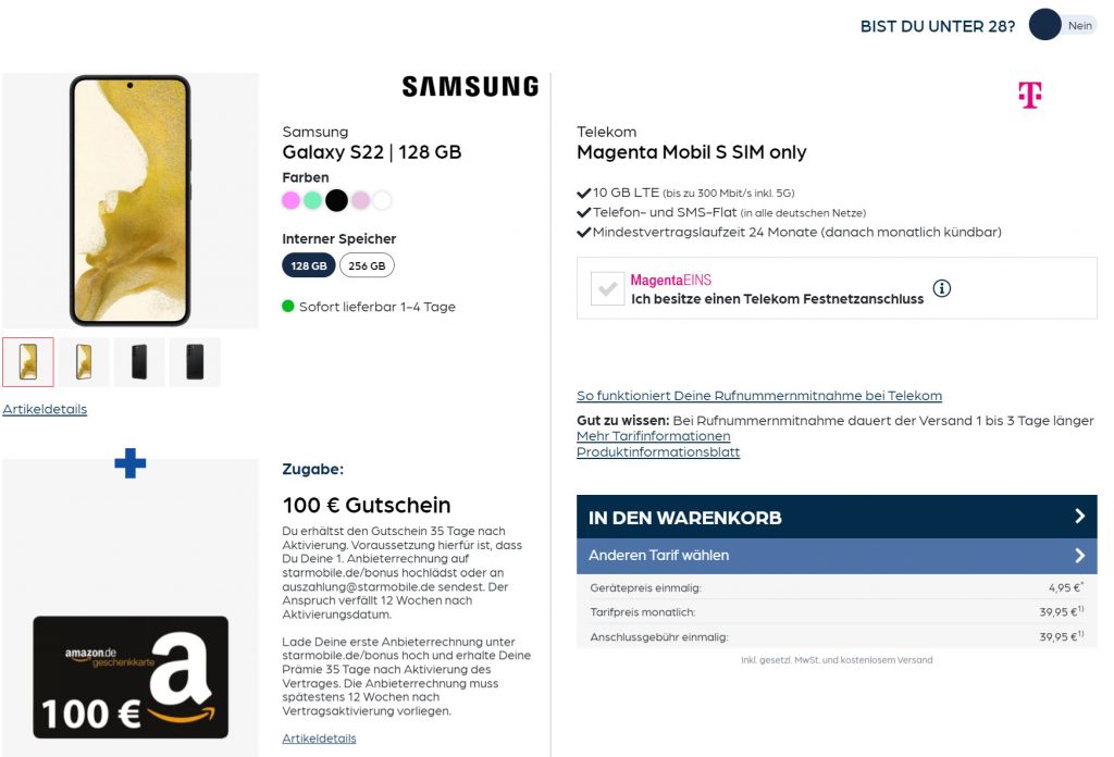 Samsung Galaxy S22 + 100 € Amazon Gutschein + Telekom Magenta Mobil S 10 Gb