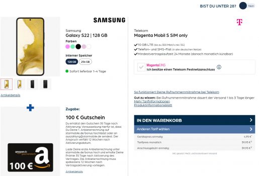 Samsung Galaxy S + € Amazon Gutschein + Telekom Magenta Mobil S GB