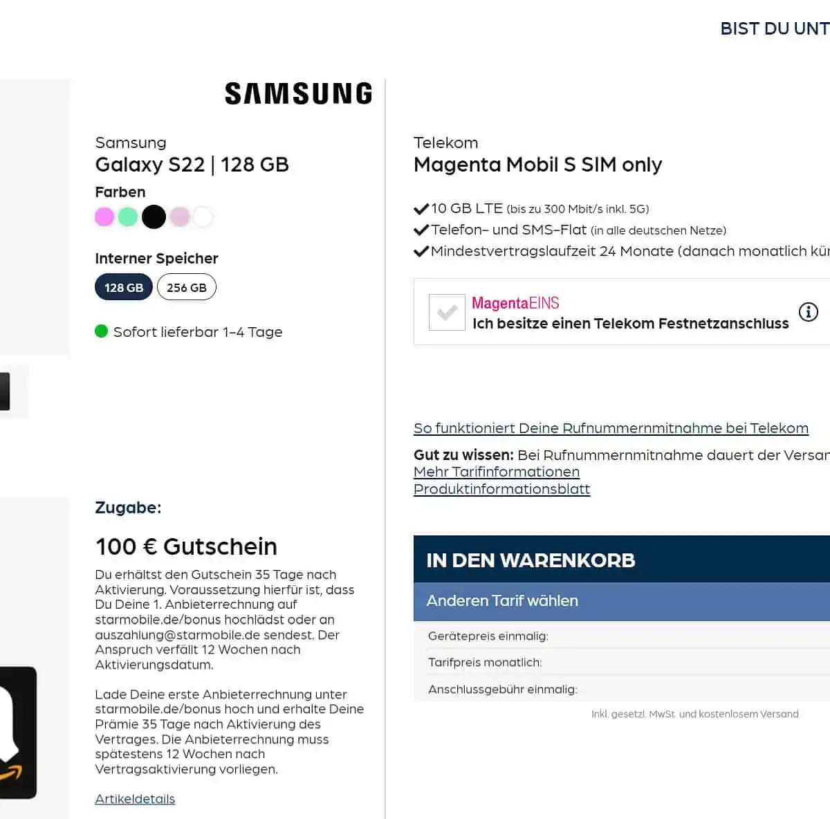 starmobile: Samsung Galaxy S22 + 100 € Amazon Gutschein + Telekom Magenta Mobil S mit 10 GB für 39,95  € / Monat + 44,90 € einmalig
