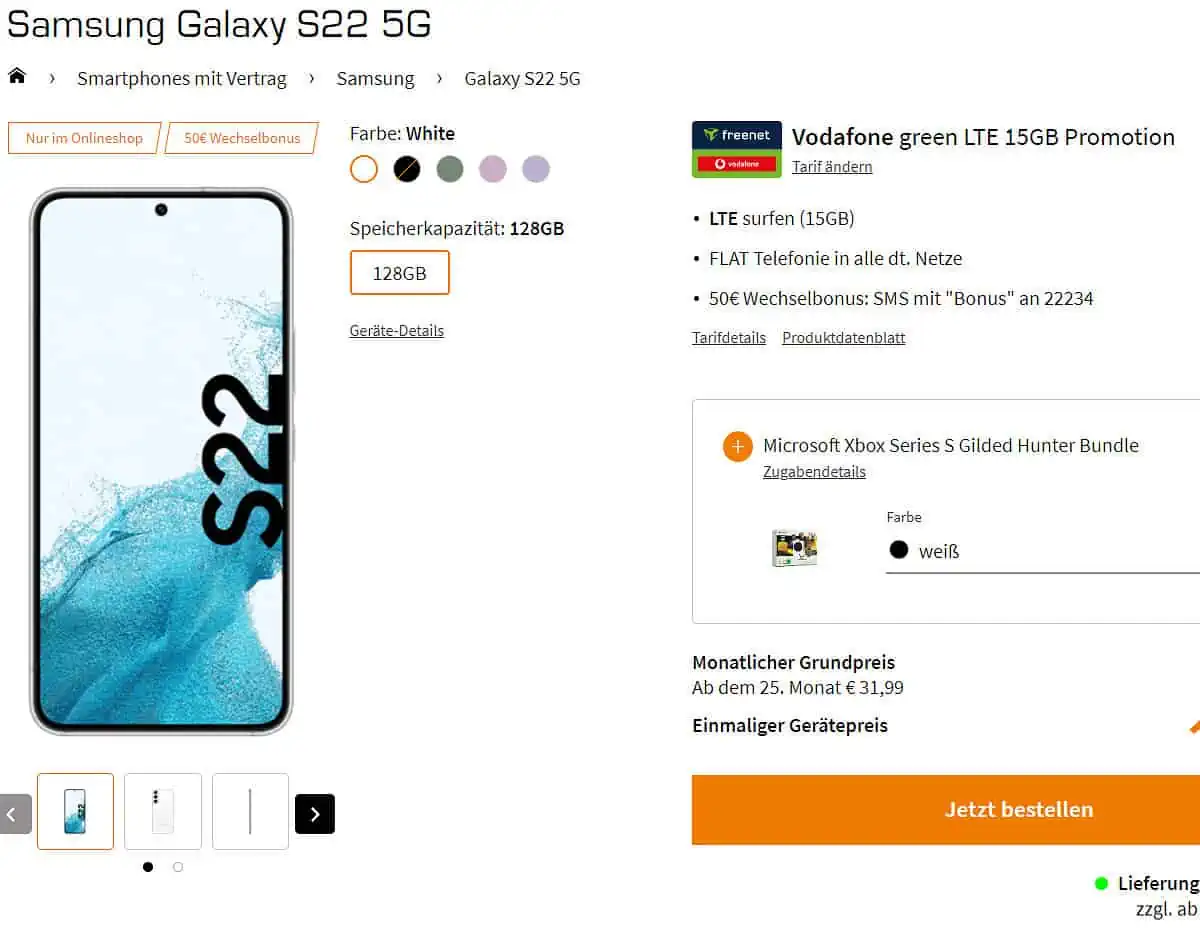 Saturn Tarifwelt: Samsung Galaxy S22 5G + Microsoft Xbox Series S Gilded Hunter Bundle + Vodafone green LTE 15GB Datenvolumen für 29,99 € / Monat + 213,98 € einmalig