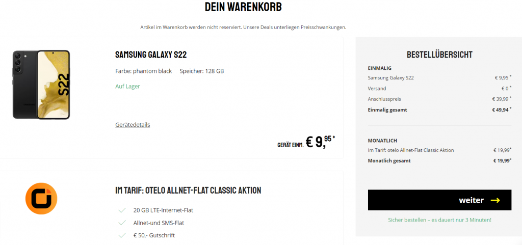 Samsung Galaxy S22 + Otelo Allnet-Flat Classic Mit 20 Gb Lte