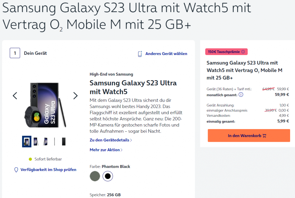 Samsung Galaxy S23 Ultra + Samsung Galaxy Watch 5 40 Bt Mit O2 Mobile M 25+ Gb 