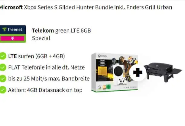 Xbox Series S + Enders Grill + 10 GB LTE im Telekom-Netz für 14,99€/Monat (effektiv  – 6,30 € (- 0,26 € pro Monat)