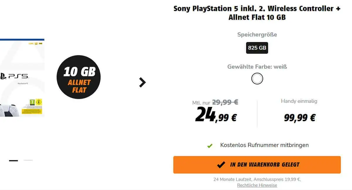 Klarmobil: Sony Playstation 5 inkl. 2. Wireless Controller + Allnet Flat 10 GB Datenvolumen für 24,99 € / Monat + 119,98 € einmalig