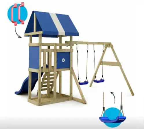 Wickey Klettergerüst Spielturm DinkyHouse mit Rutsche und Doppelschaukel, Integrierter Sandkasten für 379 € inkl. Versand statt 499 €