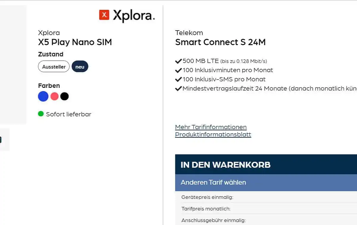 starmobile: XPlora X5 Nano SIM Kinder Smartwatch + 3x Panzerglasfolie + Telekom Smart Connect S 500 MB LTE für 4,95 € / Monat + 79,95 € einmalig