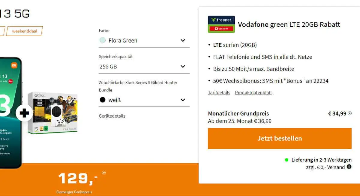 Saturn Tarifwelt: Xiaomi 13 5G + Xbox Series S Gilded Hunter Bundle + Vodafone green LTE 20GB für 34,99 € / Monat + 168,99 € einmalig