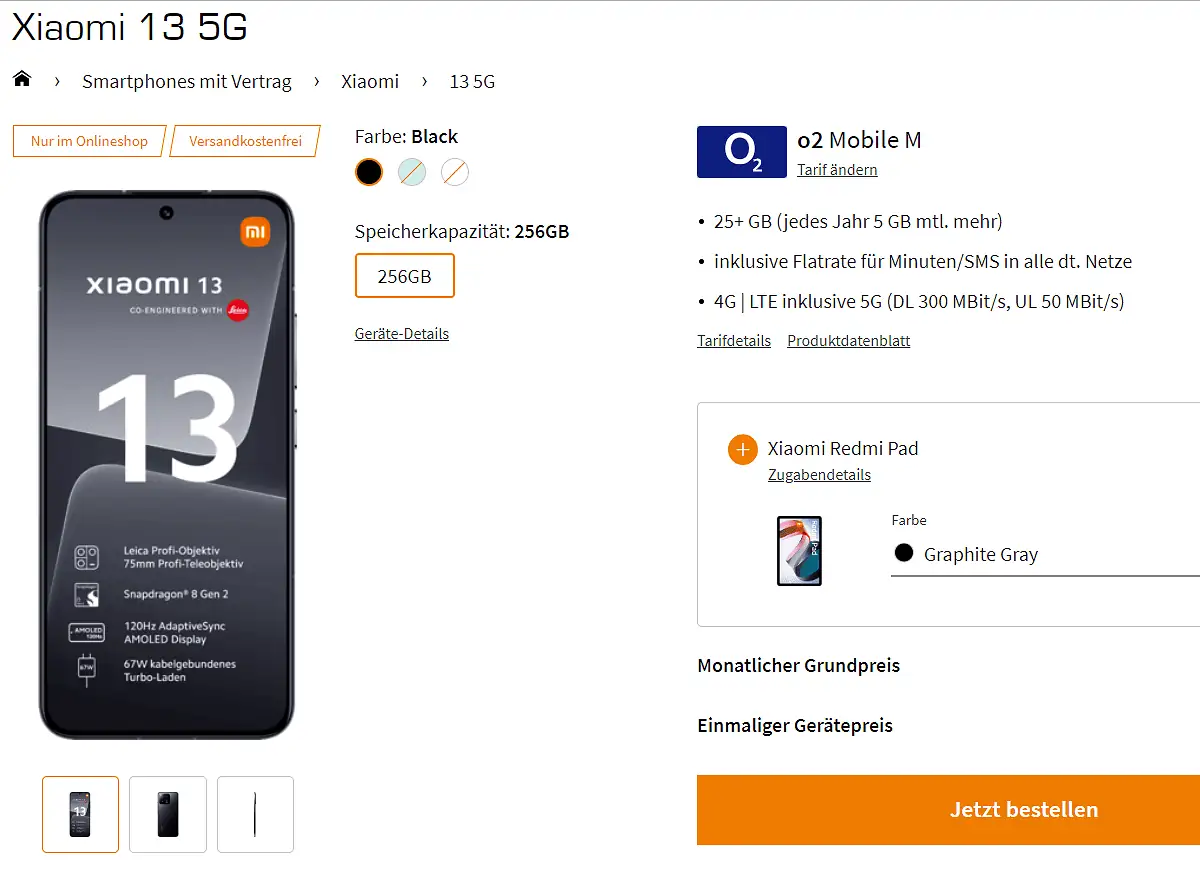 Saturn Tarifwelt: Xiaomi 13 5G + Xiaomi Redmi Pad + o2 Mobile M 25+ GB Datenvolumen für 32,99 € / Monat + 109,99 € einmalig