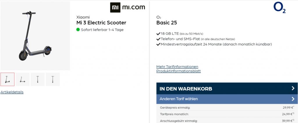 Xiaomi Mi 3 Electric Scooter + O2 Basic 25 Mit 18 Gb