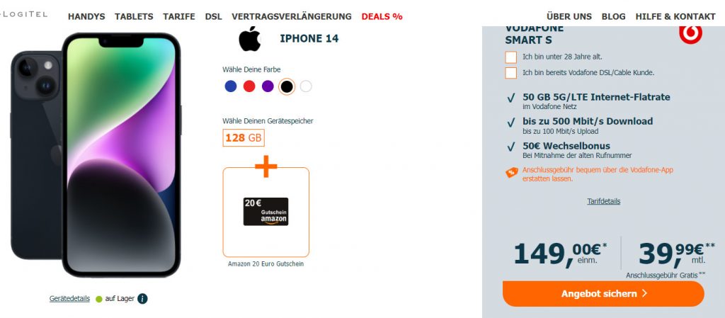 Iphone 14 + 20 € Amazon Gutschein + Vodafone Smart S 50 Gb 5G