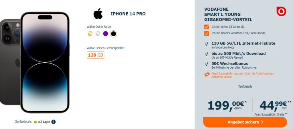 Iphone 14 Pro + Vodafone Smart L Young Mit 105 Gb 5G