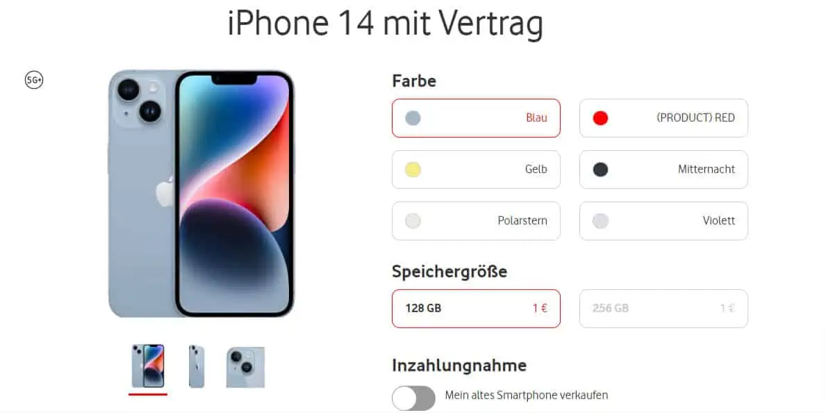 iPhone 14 + Vodafone GigaMobil M mit GigaKombi 50 GB Datenflat für 71,49 € / Monat + 1 € einmalig