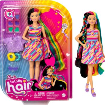 Barbie HCM Totally Hair Puppe (schwarze bunte Haare) im Herzchen Print Kleid mit x Zubehör