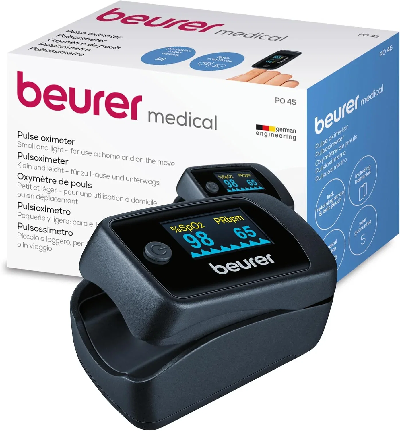Beurer PO 40 Pulsoximeter – Messung von Sauerstoffsättigung (SpO₂), Herzfrequenz (Puls) und Perfusions Index (PI)
