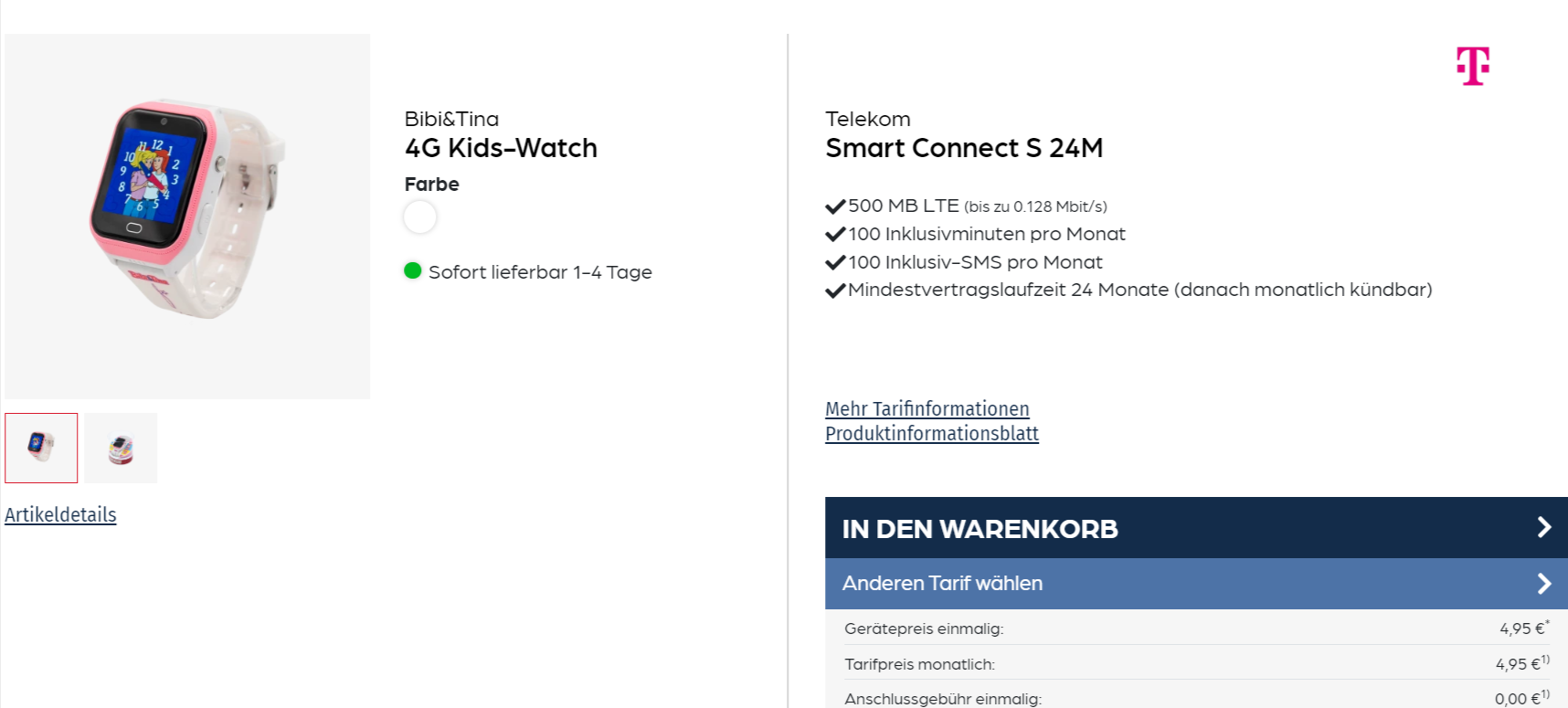 starmobile: Bibi&Tina 4G Kids-Watch von Technaxx + Telekom Smart Connect S 500 MB LTE für 4,95 € / Monat + 4,95 € einmalig