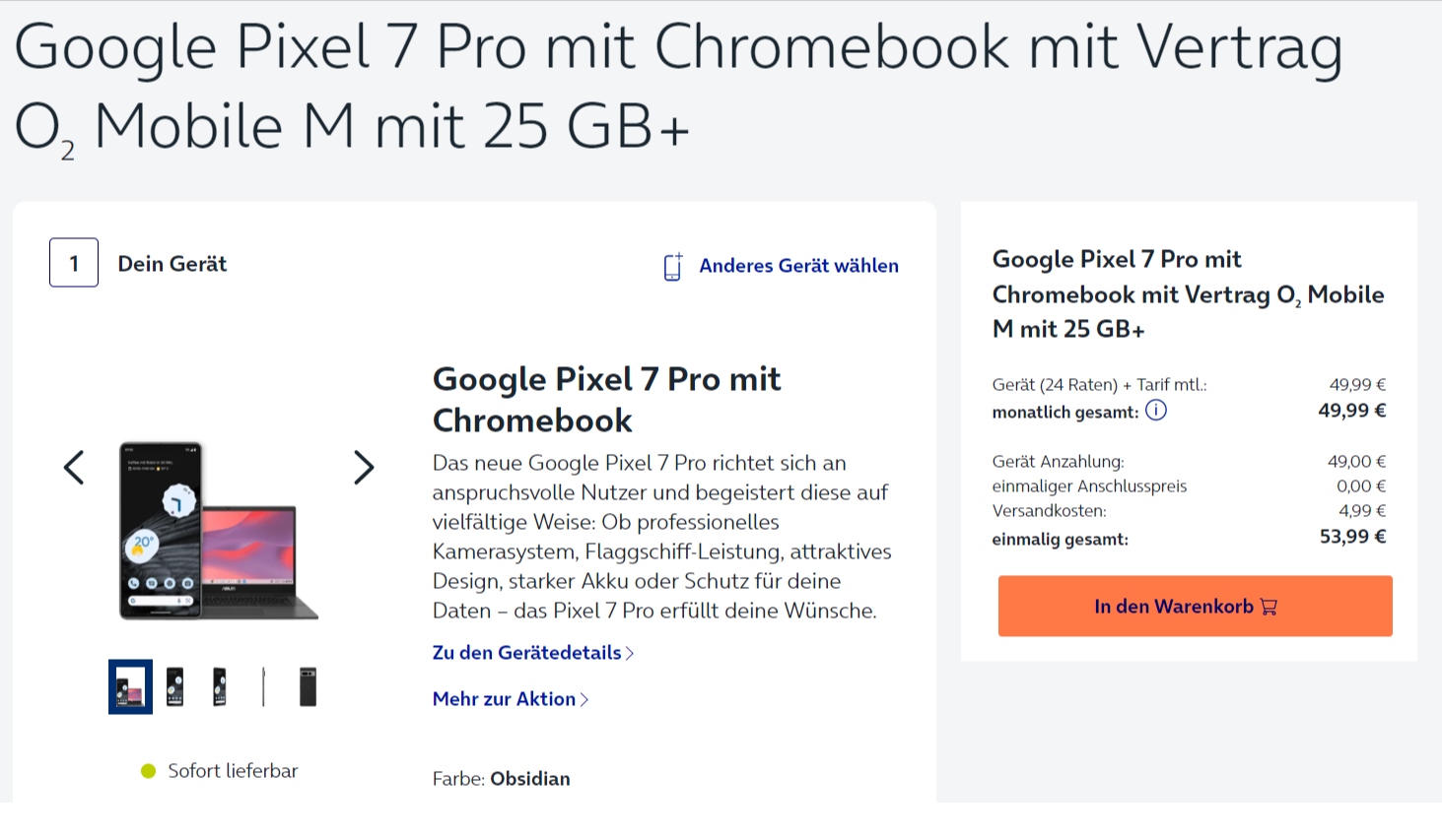 Google Pixel 7 Pro + Asus Chromebook +  o2 Mobile M Boost 25+ GB für 49,99 € / Monat + 53,99 € einmalig