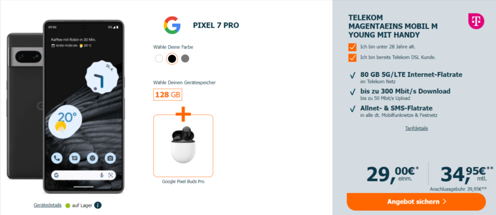 Google Pixel 7 Pro + Google Pixel Buds Pro + Telekom Magenta Mobil M Young 80 Gb 5G