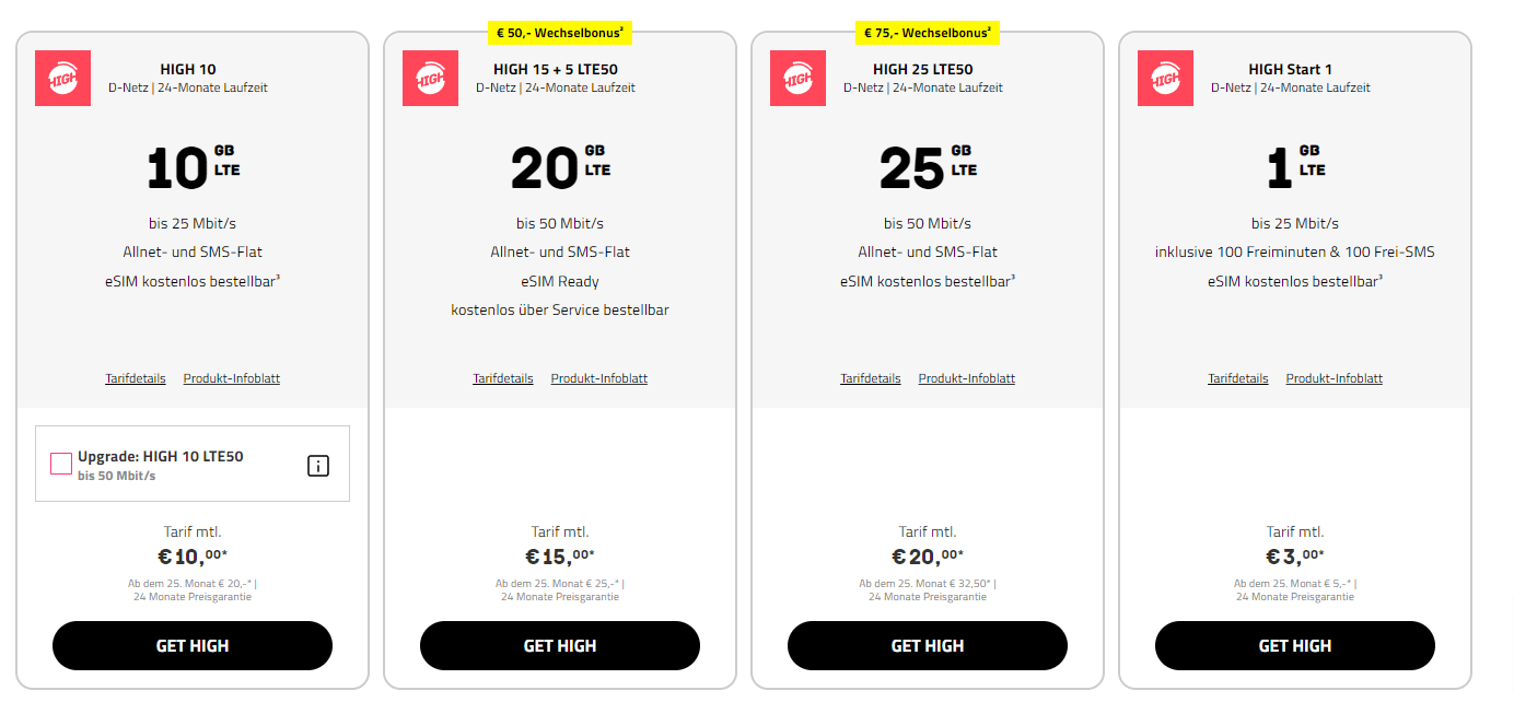 HIGH Mobile SIM-Only Angebote: Telekom-Netz LTE-Datenflat ab 3 € / Monat für 1 GB bis 20 € / Monat für 25 € / Monat