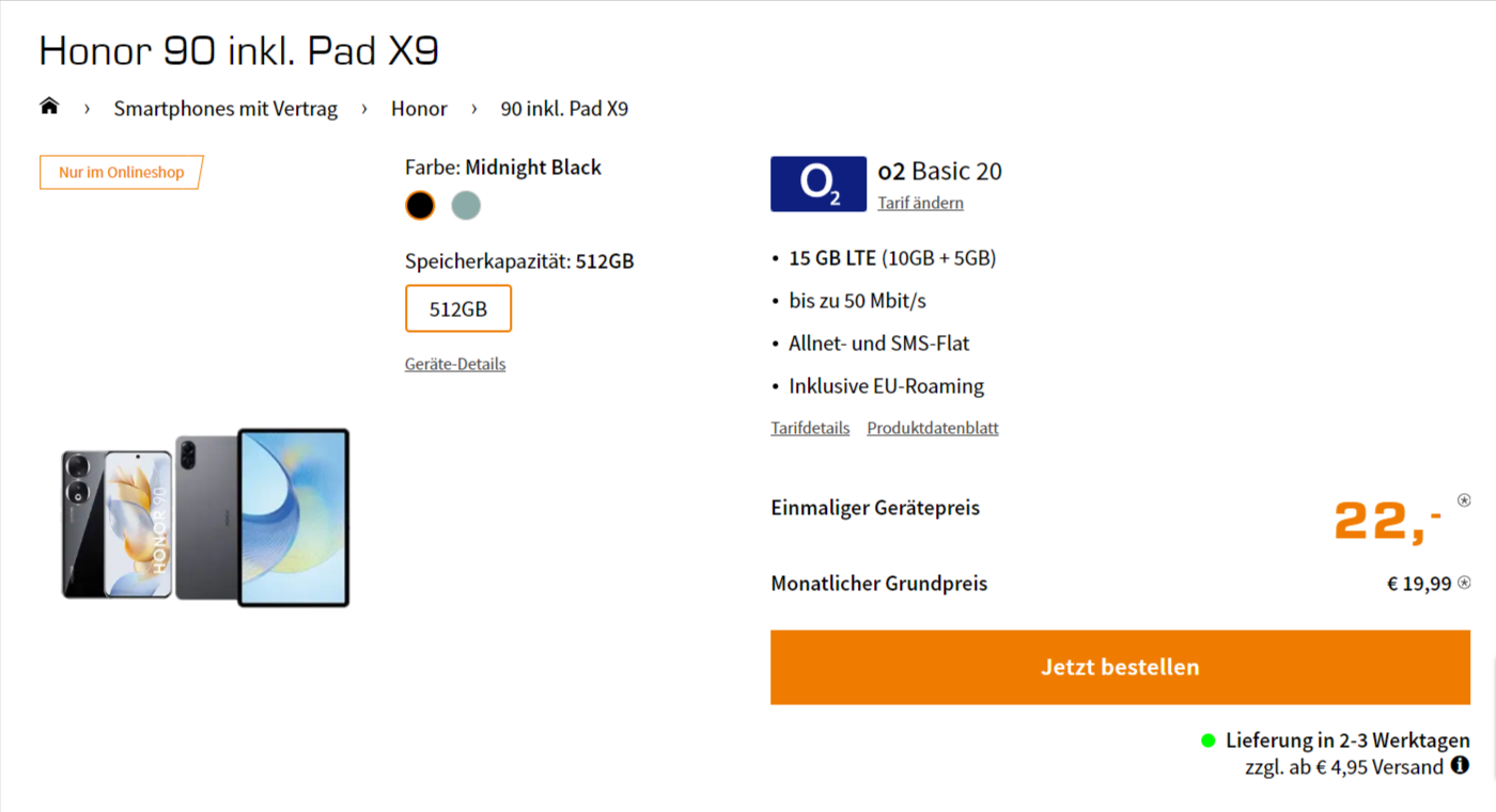 Saturn Tarifwelt: Honor 90 + Honor Pad X9 + o2 Basic 20 mit 13 GB für 19,99 € / Monat + 66,94 € einmalig
