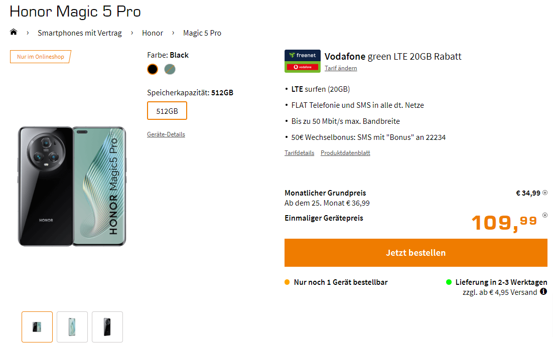 Saturn Tarifwelt: Honor Magic 5 Pro + freenet Vodafone green LTE 20GB für 34,99 € / Monat + 154,93 € einmalig
