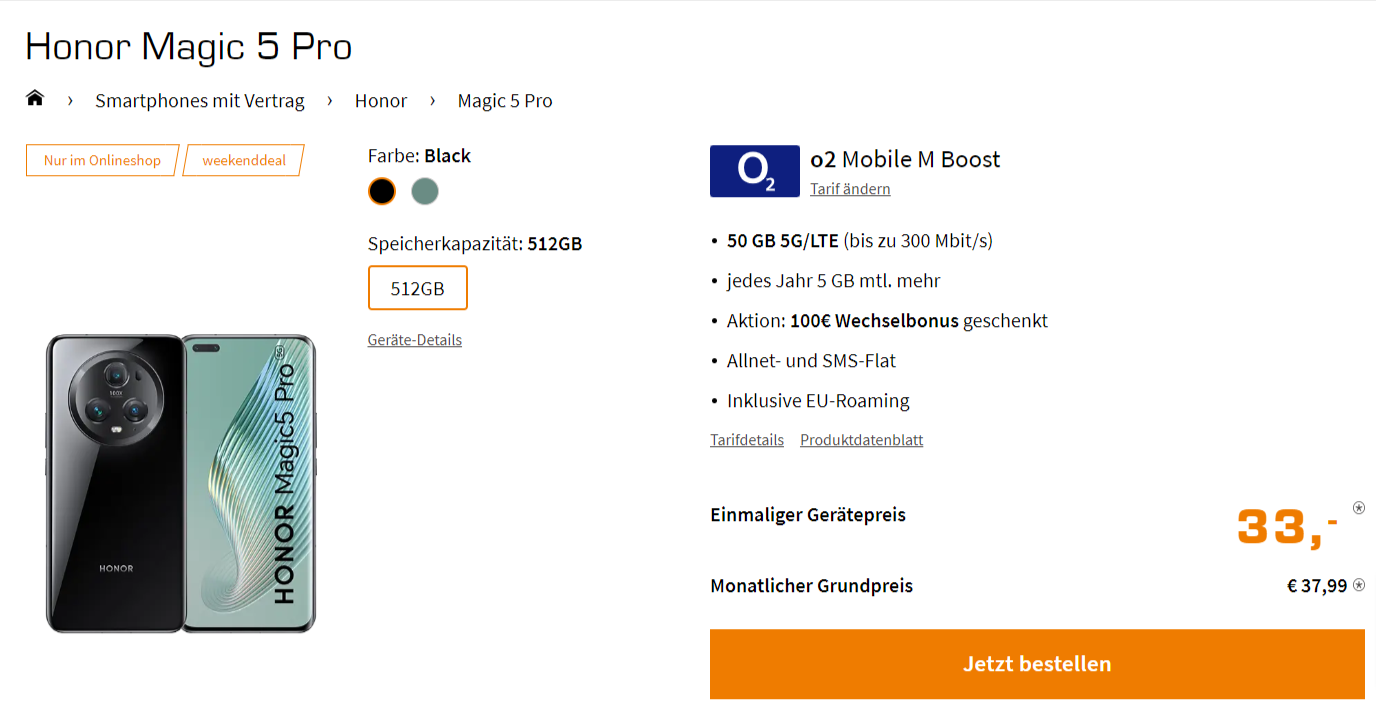 Saturn Tarifwelt: Honor Magic 5 Pro + o2 Mobile M Boost mit 50+ GB inkl. 5G für 37,99 € / Monat + 45,94 € einmalig