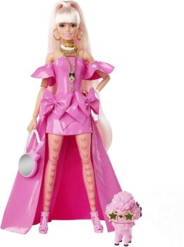 Mattel Barbie HHN Extra Fancy Puppe in asymmetrischem, glänzendem rosa Kleid