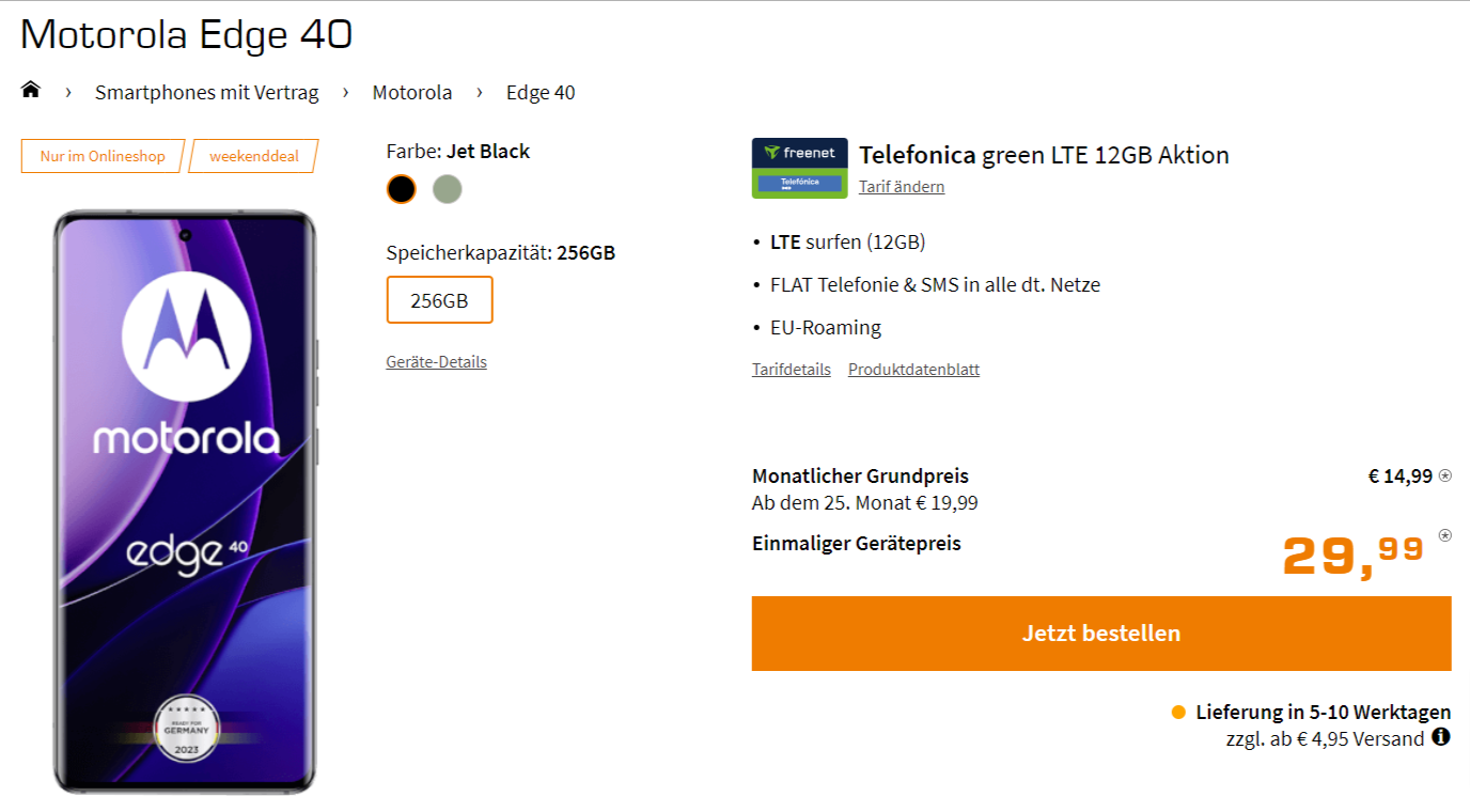 Saturn Tarifwelt: Motorola Edge 40 + freenet Telefonica green LTE 12 GB für 14,99 € / Monat + 74,93 € einmalig