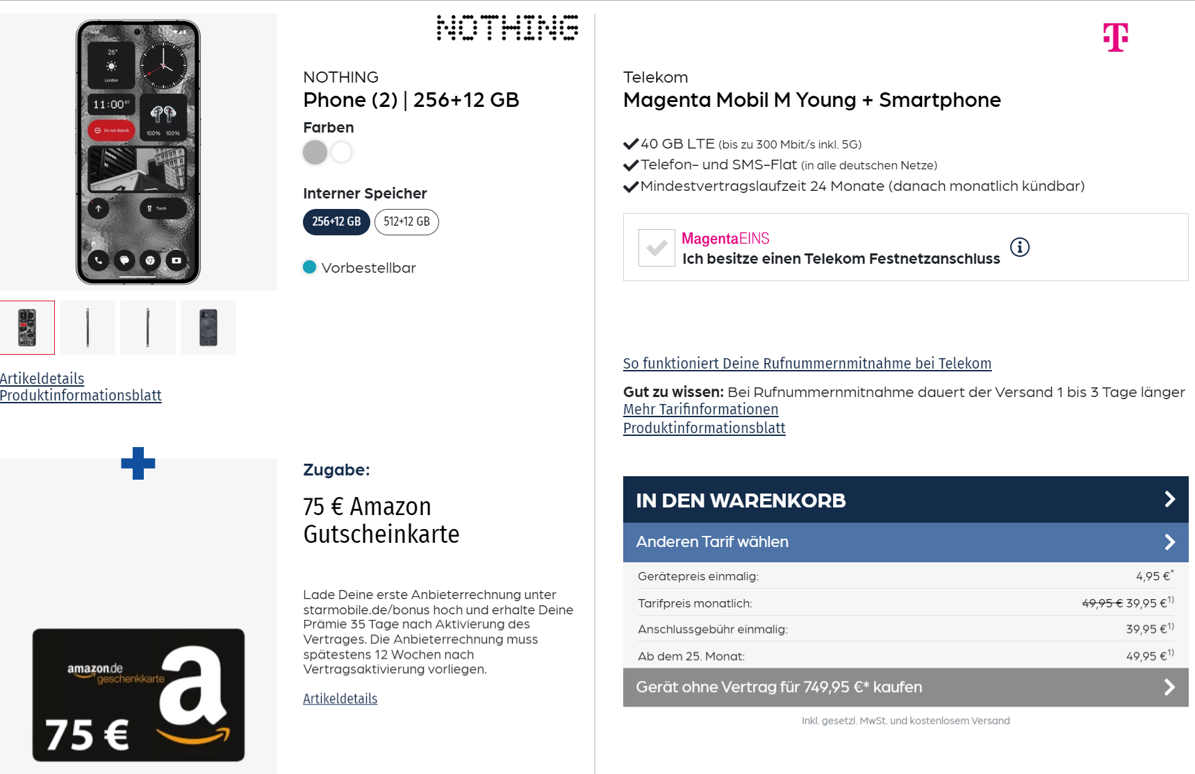 starmobile: Nothing Phone 2 + 75 € Amazon-Gutschein +  Libratone ONE Style Portable Bluetooth Speaker  + Telekom Magenta Mobil M Young mit 40 GB LTE für 39,95 € / Monat + 44,90 € einmalig [nur für 18- bis 27-Jährige]