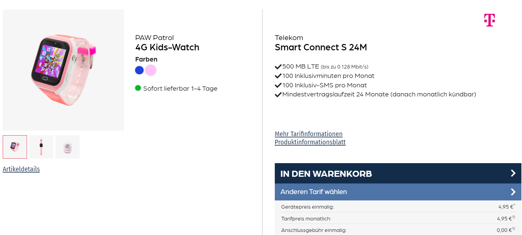 starmobile: PAW Patrol 4G Kids-Watch von Technaxx + Telekom Smart Connect S 500 MB LTE für 4,95 € / Monat + 4,95 € einmalig