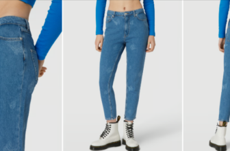 REVIEW Mom Fit Jeans mit Allover Muster hellblau online kaufen