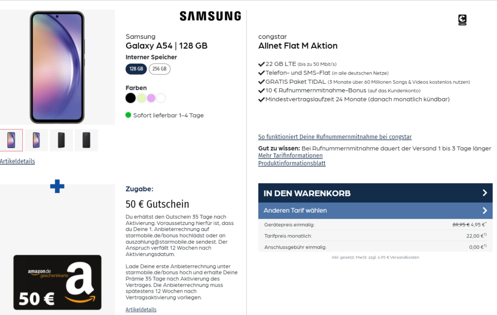 Samsung Galaxy A54 + 50 € Amazon-Gutschein + Libratone One Style Portable Bluetooth Speaker + Congstar Allnet Flat M Mit 22 Gb Lte