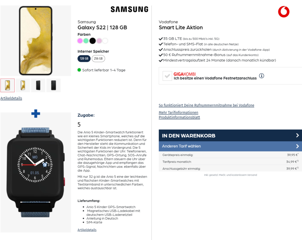 Samsung Galaxy S22 + Anio 5 Kinder-Smartwatch + Libratone One Style Portable Bluetooth Speaker + Vodafone Smart Lite Mit 24 Gb 5G