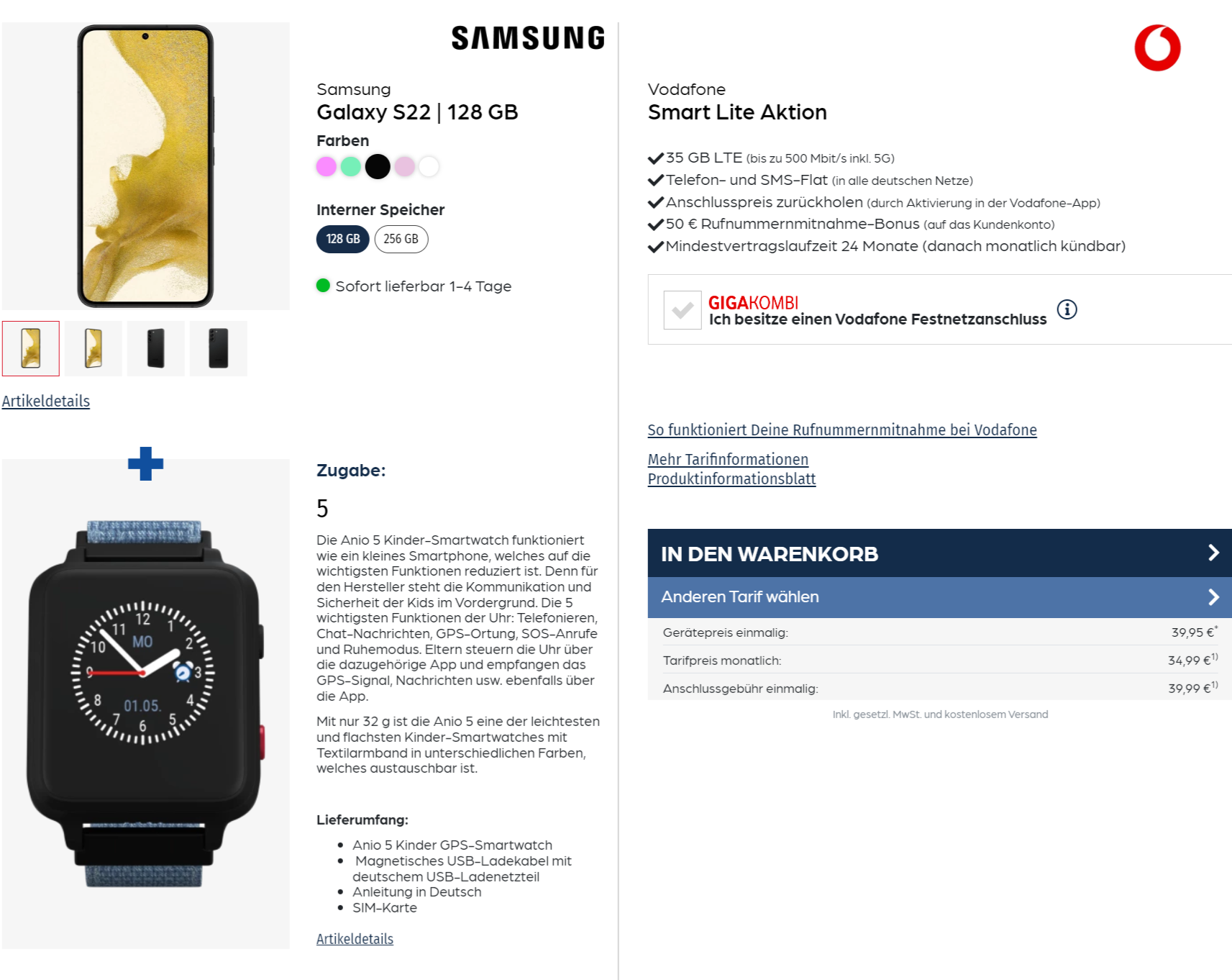 starmobile: Samsung Galaxy S22 + Anio 5 Kinder-Smartwatch +  Libratone ONE Style Portable Bluetooth Speaker  + Vodafone Smart Lite mit 24 GB 5G für 34,99 € / Monat + 79,94 € einmalig