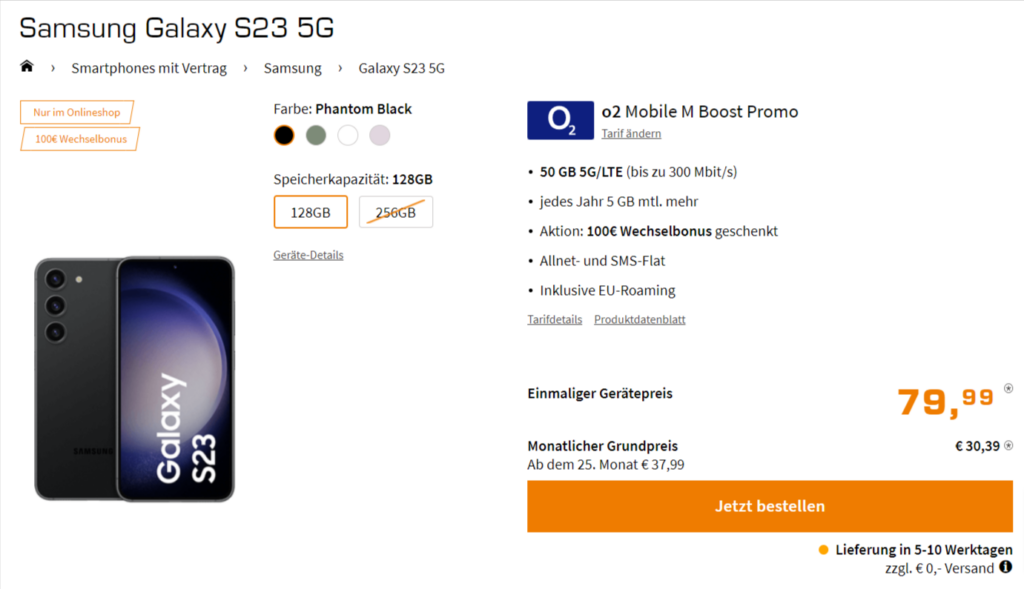 Samsung Galaxy S23 5G + O2 Mobile M Boost Mit 50+ Gb 5G