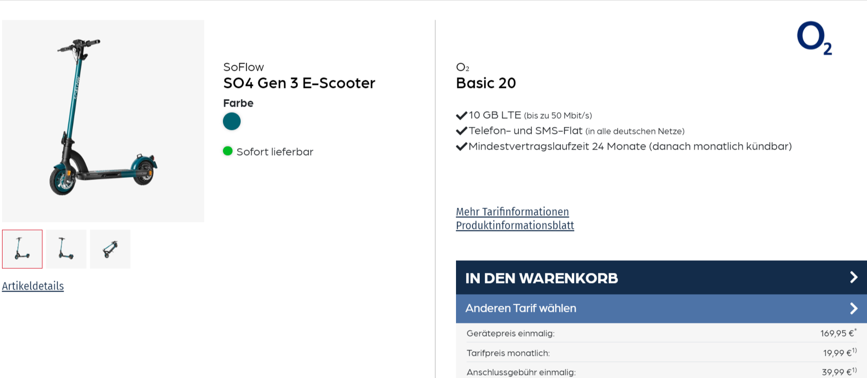 starmobile: SoFlow SO4 Gen 3 E-Scooter + Libratone ONE Style Portable Bluetooth Speaker + o2 Basic 20 mit 10 GB LTE für 19,99 € / Monat + 209,94 € einmalig