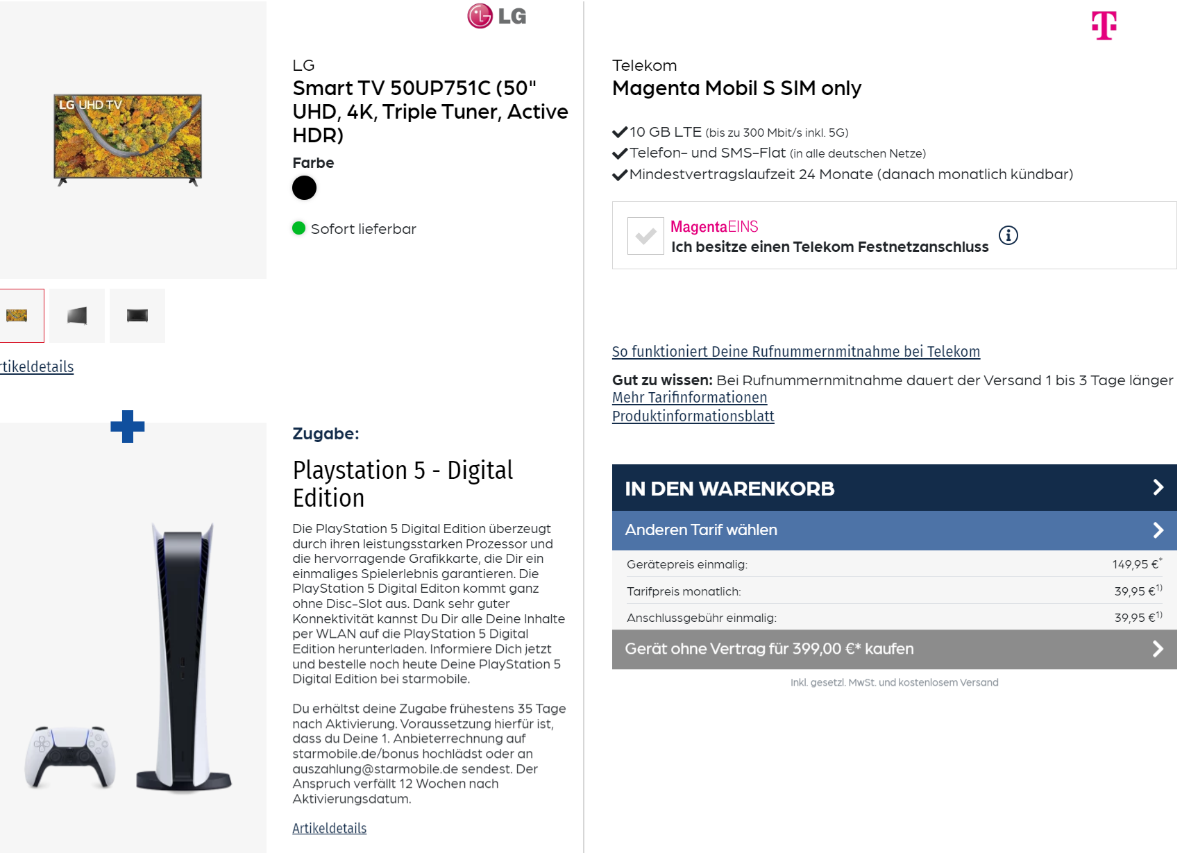 starmobile: Sony Playstation 5 Digital Edition + LG Smart TV 50UP751C  + Telekom Magenta Mobil S 10 GB 5G für 39,95 € / Monat + 189,90 € einmalig