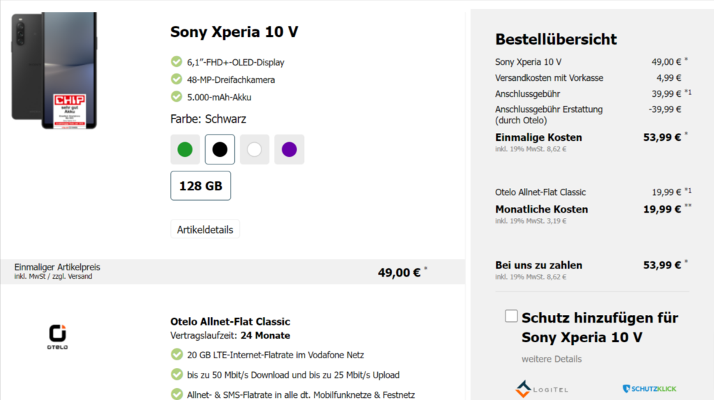 Sony Xperia 10 V + Otelo Allnet-Flat Classic Mit 20 Gb Lte