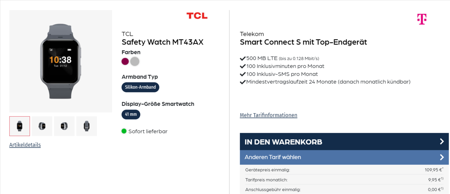 starmobile: TCL Safety Watch MT43AX Senioren Smartwatch mit SOS Funktion + Telekom Smart Connect S 500 MB LTE für 9,95 € / Monat + 109,95 € einmalig