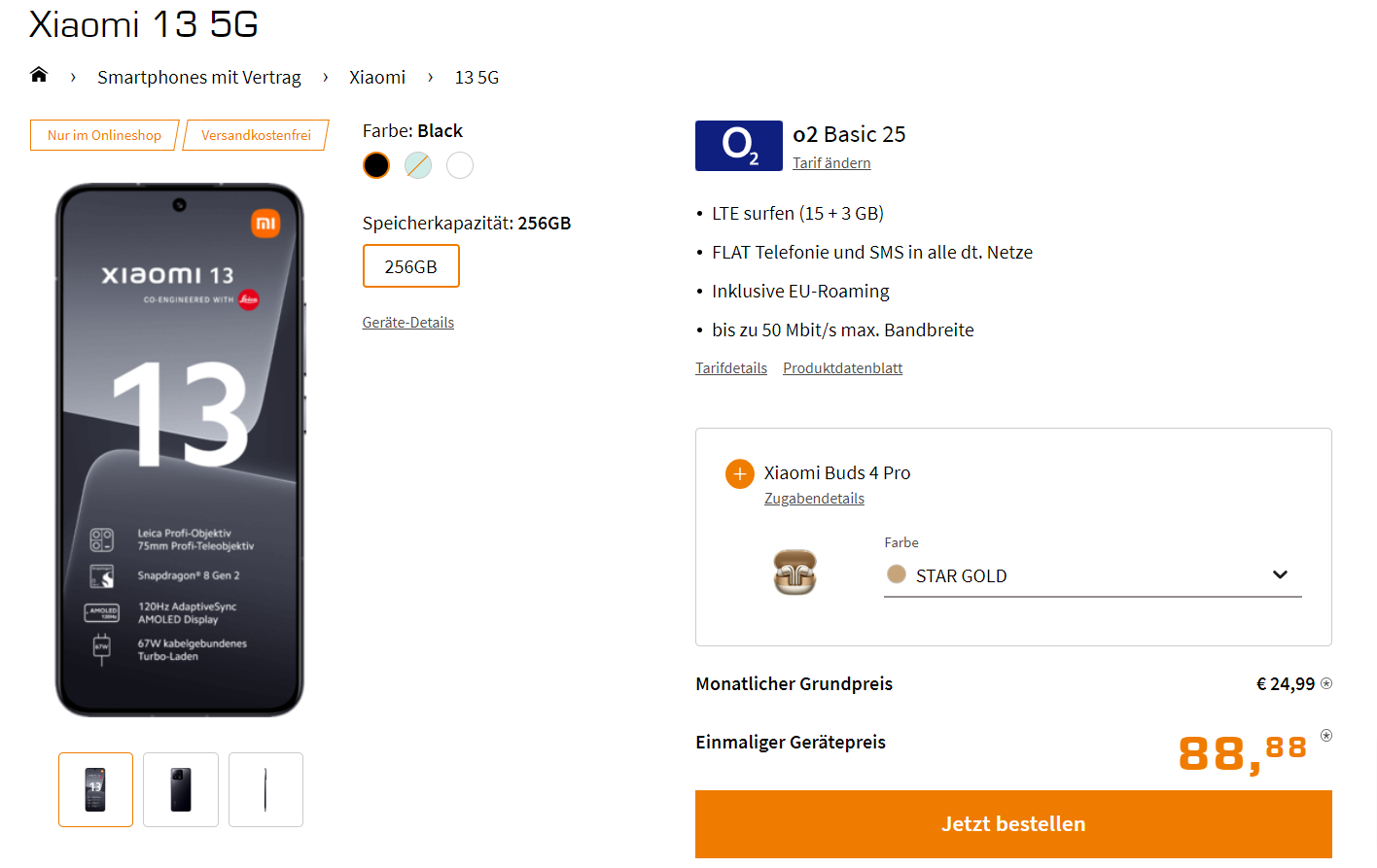 Saturn Tarifwelt: Xiaomi 13 5G + Xiaomi Buds 4 Pro  + o2 Basic 25 mit 18 GB LTE für 24,99 € / Monat + 128,87 € einmalig