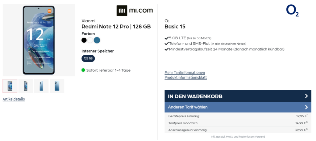 Xiaomi Redmi Note 12 Pro + O2 Basic 15 Mit 5 Gb Lte