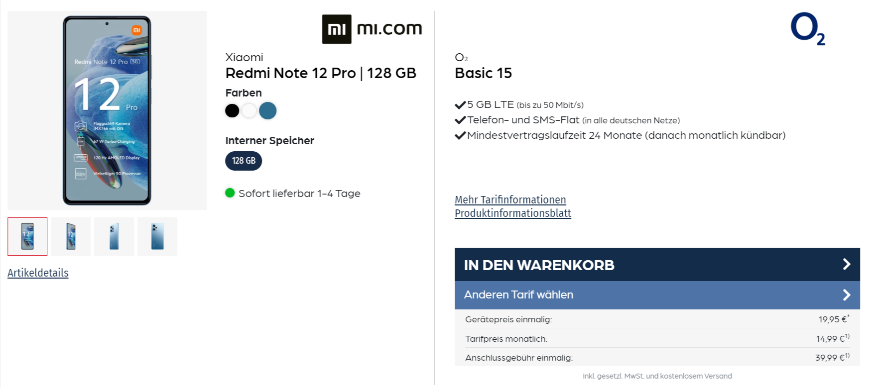 starmobile: Xiaomi Redmi Note 12 Pro + o2 Basic 15 mit 5 GB LTE für 14,99 € / Monat + 59,94 € einmalig