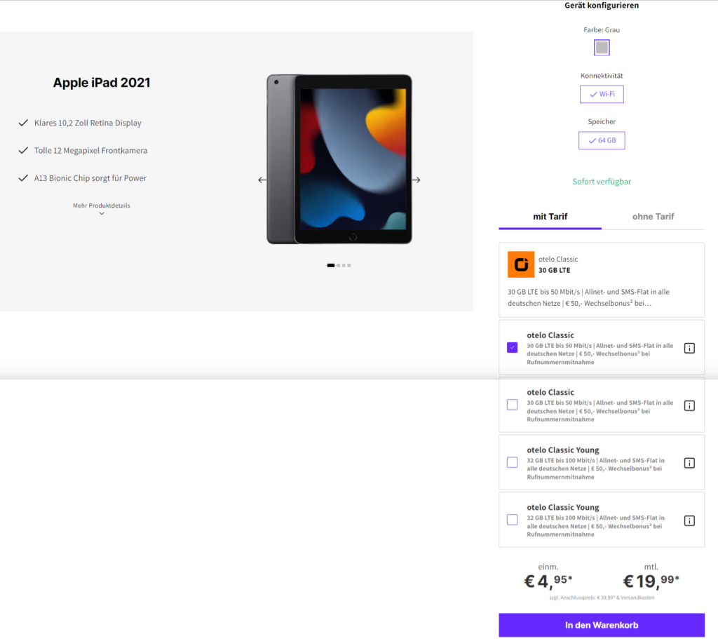 Apple Ipad 2021 + Otelo Classic Mit 30 Gb Lte
