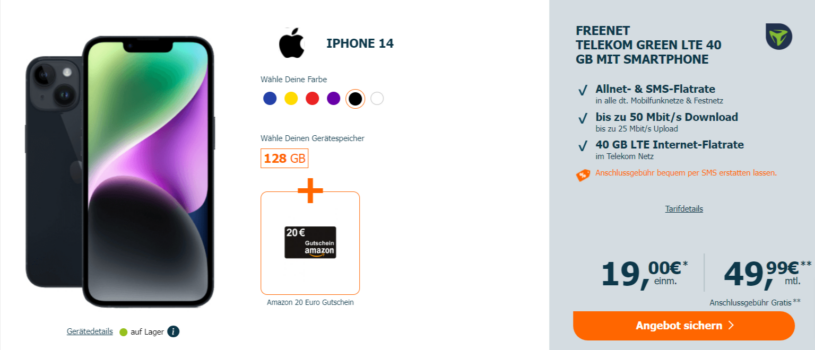 Apple iPhone + € Amazon Gutschein + freenet Telekom Green LTE GB