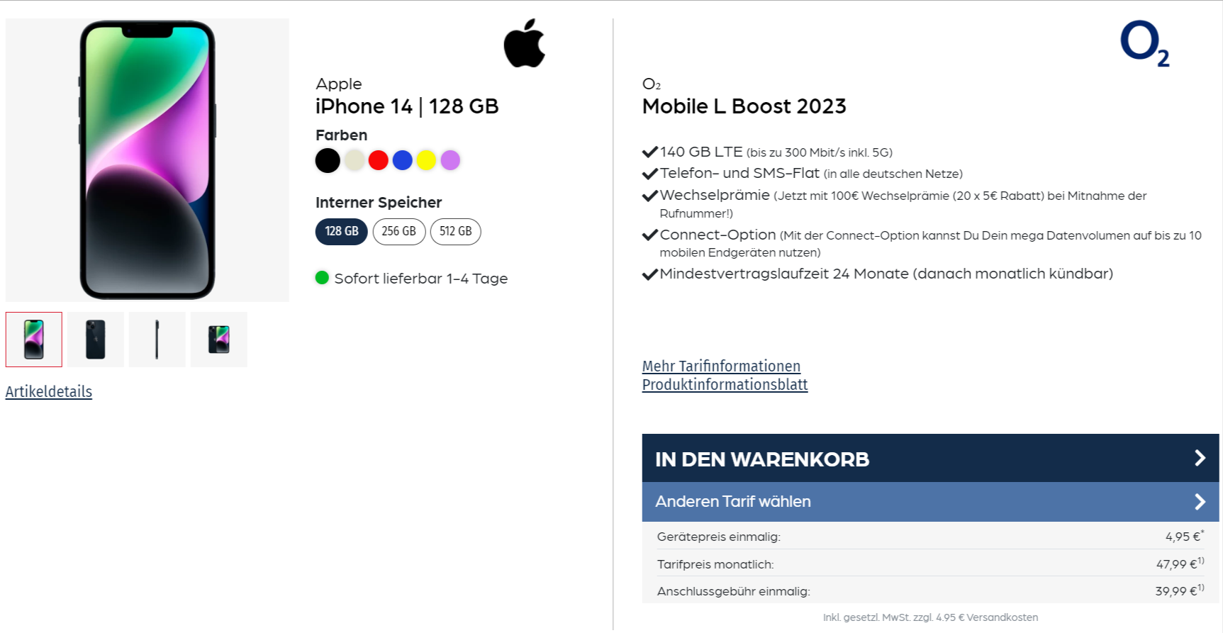 starmobile: Apple iPhone 14 + Libratone ONE Style Portable Bluetooth Speaker + o2 Mobile L Boost mit 140 GB 5G für 39,99 € / Monat + 49,89 € einmalig